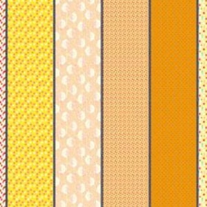 May include: A colorful pattern featuring vertical stripes in shades of yellow, orange, and peach. The stripes showcase various designs, including polka dots, small geometric shapes, and textured patterns. The overall aesthetic is bright and cheerful.