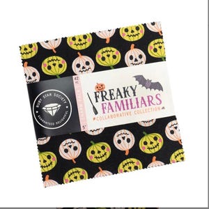May include: A stack of 5-inch fabric squares with a Halloween theme. The black fabric is patterned with white and yellow jack-o'-lanterns. The label reads "Freaky Familiars Collaborative Collection" and "Ruby Star Society."