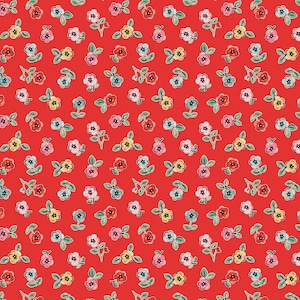 May include: A red background with a repeating pattern of small, multi-colored flowers. The flowers are in shades of pink, blue, yellow, and green.