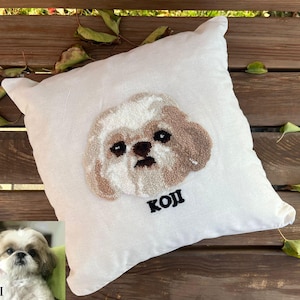 Custom Pet Portrait Pillow Cover, Name Embroidered Pillow Case, Personalized Punch Needle Decorative Pillow, Unique Gift For Pet Owner