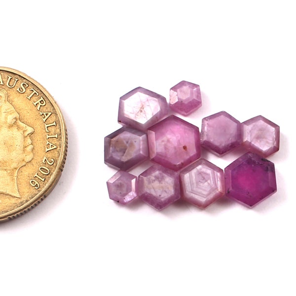 10 Piece, Rosemary Sheen Sapphire Trapiche Gemstone, Pink Sapphire Gemstone Hexagon Slices, Natural Sapphire Table cut Stone, SIZE - 5mm-9mm