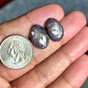 Op de afbeelding: Twee ovale, gefacetteerde edelstenen met een paarse tint en zilveren vlekken. De edelstenen zijn ongeveer zo groot als een Amerikaanse kwart.