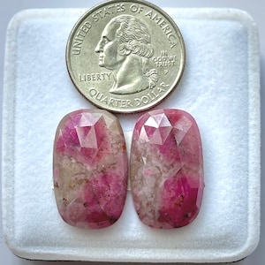 Könnte beinhalten: Zwei facettierte, ovalförmige Edelsteine mit rosa und weißen Farbtönen werden neben einem US-Vierteldollar gezeigt. Die Edelsteine haben einen polierten, geometrischen Schliff und sind in einer weißen, gepolsterten Präsentation angeordnet.