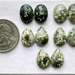 Op de afbeelding: Een verzameling groene edelsteen cabochons met witte en donkergroene insluitsels in ovale en druppelvormen. Een Amerikaanse kwartmunt is inbegrepen ter referentie. Afmetingen in centimeters.