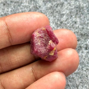 Peut inclure: Une pierre précieuse de rubis brute et non taillée, présentant une teinte rouge profond avec des inclusions plus claires et jaunâtres. La pierre naturelle a une surface texturée et une forme irrégulière, tenue dans une main sur fond gris.