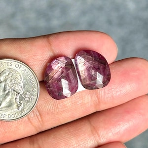 Könnte beinhalten: Zwei facettierte, birnenförmige Edelsteine in tiefem Magentarot mit sichtbaren inneren Einschlüssen und geometrischen Schliffen, die neben einer silberfarbenen US-Vierteldollarmünze für einen klaren Größenvergleich platziert sind.