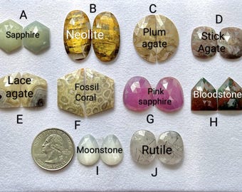 May include: A collection of faceted gemstones labelled A through J, including sapphire, neolite, plum agate, stick agate, lace agate, fossil coral, pink sapphire, bloodstone, moonstone, and rutile, displayed with a US quarter coin for scale.