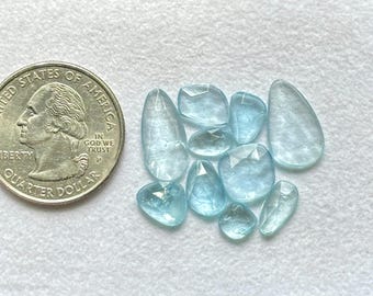 Lote de 10 piedras preciosas de aguamarina natural tallada en rosa, rebanadas de aguamarina azul, aguamarina facetada, piedras preciosas de aguamarina sueltas, TAMAÑO: 6 mm a 16 mm