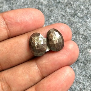 Pode incluir: Duas pedras preciosas ovais e facetadas, de cor castanho escuro, com uma superfície brilhante. As gemas são apresentadas sobre um fundo neutro, realçando a sua beleza natural e os seus cortes intrincados. Ideais para a criação de joias.