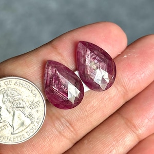 Op de afbeelding: Twee peervormige, gefacetteerde edelstenen in diep roze-rood met zichtbare interne insluitingen en geometrische slijpvlakken. Een zilverkleurige Amerikaanse kwartmunt ligt ernaast om de relatieve grootte van de stenen aan te geven.