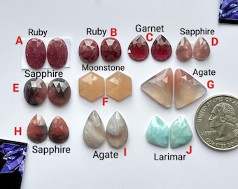Multi Gemstone Match Pair, Faceted Cabochon Flat Back Stone, Natural Gemstone Shop, Loose Gemstone Cabochon, Handmade Stone For Gift For Her