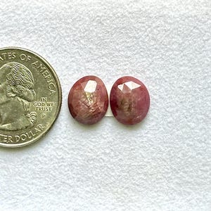 Pode incluir: Duas pedras preciosas rosas ovais e facetadas são exibidas ao lado de uma moeda de vinte e cinco centavos americana. As pedras têm um tom rosa avermelhado com inclusões internas. A moeda é prateada e mostra o perfil de George Washington. As pedras medem cerca de 1,5 cm.