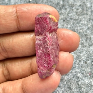 Peut inclure: Une pierre précieuse de rubis brute et non taillée. Le rubis est d'un rouge profond et riche avec une surface légèrement rugueuse et texturée. La pierre est tenue dans une main.