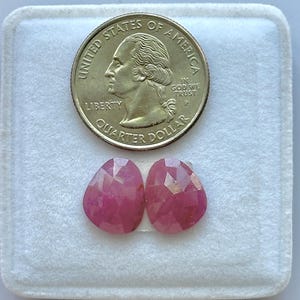 Könnte beinhalten: Zwei facettierte, birnenförmige rosa Edelsteine, die unter einer US-amerikanischen 25-Cent-Münze liegen. Die Steine weisen einen durchscheinenden, tiefrosa Farbton mit mehreren geometrischen Facetten auf, die das Licht reflektieren.