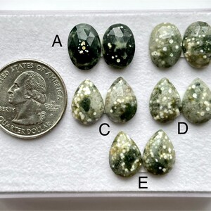 Op de afbeelding: Een verzameling edelstenen in verschillende vormen, waaronder ovaal en druppelvormig. De edelstenen zijn groen met witte spikkels. Een munt is inbegrepen ter vergelijking van de grootte. De edelstenen zijn gemarkeerd met A, B, C, D en E.