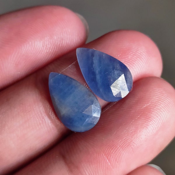 14x9x2mm, Blue Sapphire Gemstone Pair, Faceted Sapphire Pair, Rose cut Sapphire Cabochon, Sapphire Jewelry Making Cabs, Sapphire slices