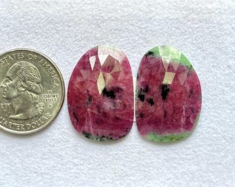 27x19x5mm, Natural Ruby Zoisite Rose cut Pair - Loose Gemstone Zoisite Ruby Faceted Flat Back Ruby Pair - Arusha Mine Anyolite Gemstone
