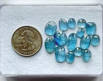 15-delige, levendige aqua-kyaniet roosgeslepen cabochon edelsteen, paraiba-kyaniet facetgeslepen cabines, kyaniet steen met platte achterkant, AFMETING: 7 x 7 x 3 mm-14 x 7 x 3 mm