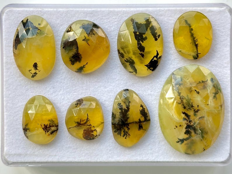 May include: Eight yellow and green dendritic agate cabochons with a faceted cut. The cabochons are arranged in a row on a white background.