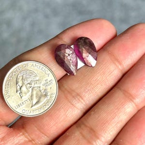 Könnte beinhalten: Zwei facettierte, tropfenförmige, tiefmagentafarbene Edelsteine werden neben einer US-Vierteldollarmünze gezeigt. Die Edelsteine haben eine polierte, reflektierende Oberfläche. Die Münze zeigt das Profil von George Washington.