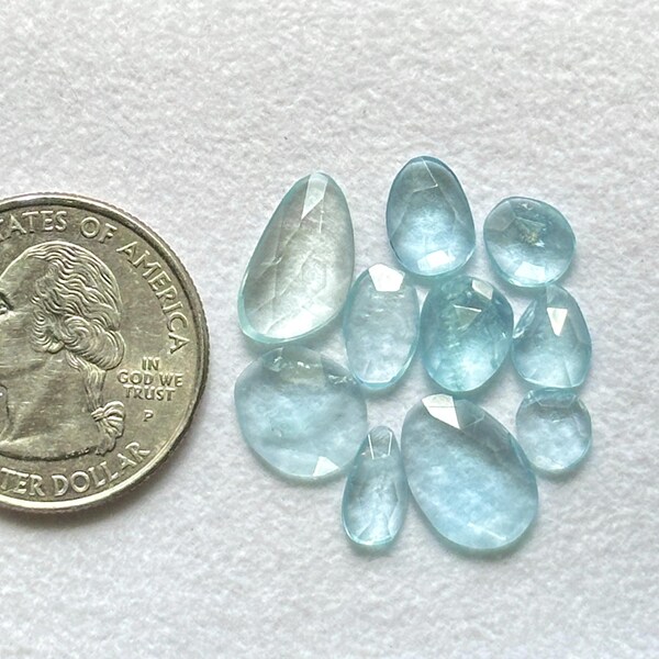 10 Piece, Natural Aquamarine Rosecut Gemstone, Blue Aquamarine Slice, Faceted Aquamarine, Loose Aquamarine Gemstone Lot, SIZE - 6mm-13mm