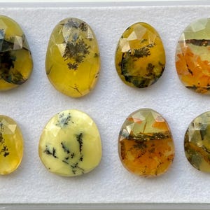May include: Eight faceted, oval-shaped, dendritic agate cabochons in various shades of yellow, green, and orange. The stones have a unique, natural pattern of dendrites, which resemble branches or trees.