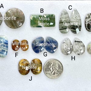 Könnte beinhalten: Eine Sammlung facettierter Edelsteine, beschriftet von A bis J, darunter Labradorit, Moosachat, Quarz, Septarie, Spitzenachat, Montana-Achat, Saphir, Rutil, Peru-Opal und Neolith, abgebildet neben einer US-Vierteldollarmünze als Größenvergleich.