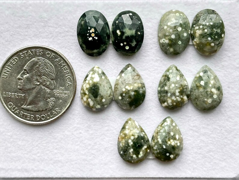 Op de afbeelding: Een verzameling edelsteen cabochons in verschillende vormen, waaronder ovaal en druppelvormig. De stenen zijn voornamelijk groen met witte en donkergroene insluitsels. Een Amerikaanse kwartmunt is inbegrepen ter referentie.