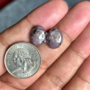 Op de afbeelding: Twee gefacetteerde paarse edelstenen, elk ongeveer zo groot als een Amerikaanse kwart.