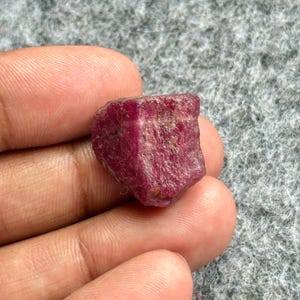 May include: A rough, uncut ruby gemstone. The ruby is a deep, rich red color with a slightly textured surface. The gemstone is held in a hand against a gray background.