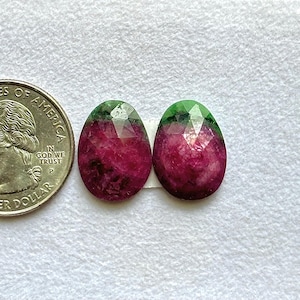 May include: Two faceted, pear-shaped ruby zoisite gemstones featuring a deep magenta center and a vibrant green border. The stones are positioned next to a United States quarter coin for scale, highlighting their polished, reflective surfaces.