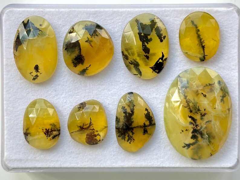 May include: Eight yellow and green dendritic agate cabochons with a faceted cut. The cabochons are arranged in a row on a white background.