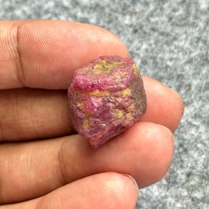 May include: A rough, uncut ruby gemstone with a deep pink hue, accented by areas of yellow and brown. The natural stone is held in a hand, showcasing its raw, textured surface. This gemstone is a unique addition to any collection.