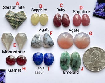 Multi Gemstone Match Pair, Faceted Cabochon Flat Back Stone, Natural Gemstone Shop, Loose Gemstone Cabochon, Handmade Stone For Gift For Her