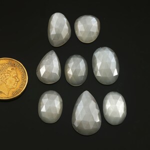 May include: Eight faceted moonstone cabochons in various shapes and sizes. The stones are a milky white color with a slight iridescent sheen.