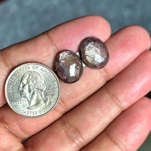 Pode incluir: Duas pedras preciosas ovais facetadas de cor cinza escuro e roxo. As pedras preciosas são aproximadamente do tamanho de uma moeda de 25 centavos de dólar americano.