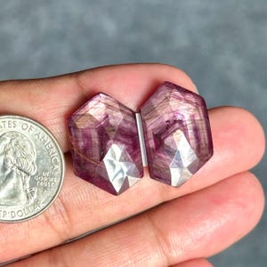 Könnte beinhalten: Zwei facettierte, sechseckige violette und rosafarbene Edelsteine mit sichtbaren inneren Einschlüssen. Eine US-Vierteldollarmünze liegt daneben, um die Größe der beiden losen, polierten Mineralexemplare im direkten Vergleich zu verdeutlichen.