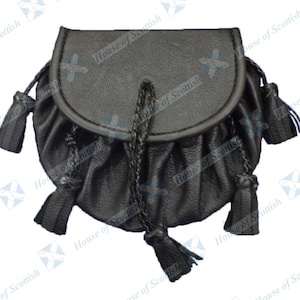 Men&#39;s Scottish Black Leather ROB ROY SPORRAN | Jacobite Kilt Sporran with Five Lace Tassels and Chain Belt | Pirates Pouch | Gothic Sporran