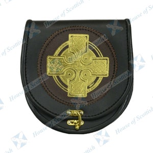 Men&#39;s Scottish Semi Dress Black Leather Kilt Sporran | Kilt Day Sporran, Celtic Gold Cross Embossed with Chain Belt