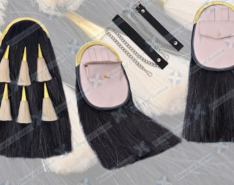 Volledige jurk heren PAARDENHAAR SPORRAN goudkleurige finish effen cantle | Doedelzak Piper Kilt Sporran met zes kwastjes en kettingriem