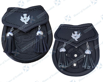 Scottish Child BOY SEMI DRESS Sporran Black Chrome Leather | Kilt Baby Sporran med kedjebälte | Barn Sporran | Präglad Baby Sporran