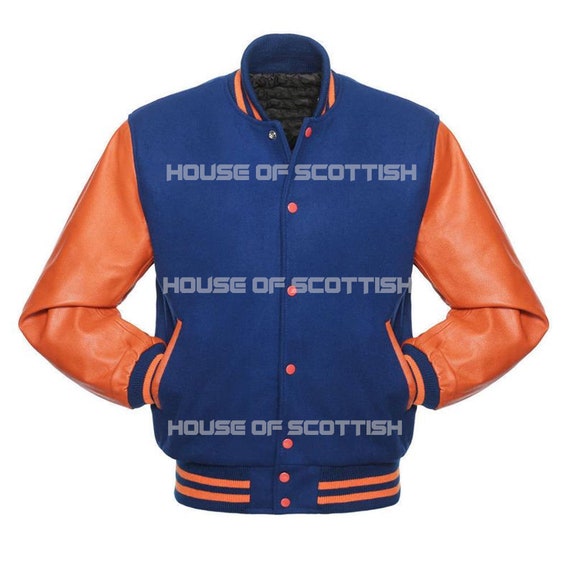 Veste Varsity Américaine En Laine Et Cuir - Bleu Royal, Fait Main, Taille M Homme