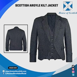 Veste kilt écossaise à losanges avec gilet 5 boutons | Veste Argyll en laine gris anthracite | Veste kilt de mariage pour homme par House Of Scottish