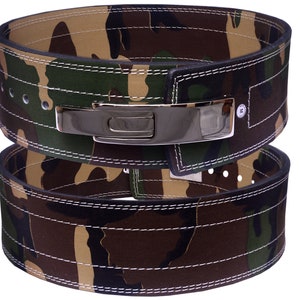 May include: A camouflage weightlifting belt with a silver buckle. The belt is made of leather and has a double-stitched design.