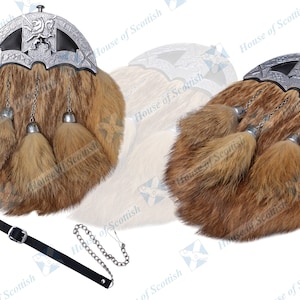 Men&#39;s Scottish Full Dress FOX FUR SPORRAN Chrome Cantle Three Tassels Kilt Leather Lion Rampant Sporran with Chain Belt
