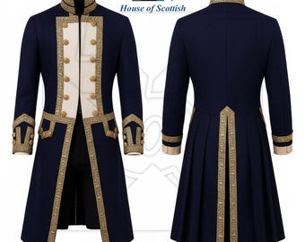 May include: A navy blue coat with gold trim and buttons, displayed from the front and back. The coat features a high collar, gold accents, and a cream-colored front panel with gold buttons. The House of Scottish logo is in the upper right corner.
