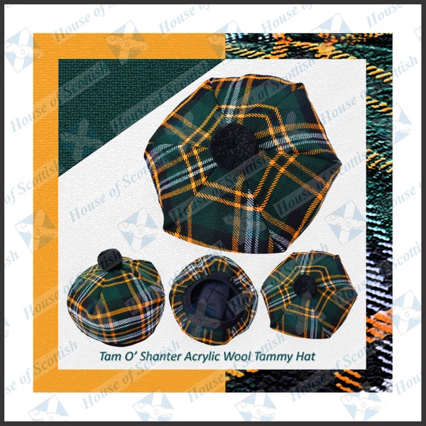 Heritage of Ireland Tartan TAM O' SHANTER Bonnet Bonnet Beret Balmoral Scottish Tammy Hat HOITH-026