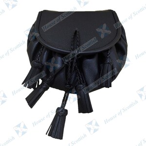 Skotskt svart läder för män ROB ROY SPORRAN | Jacobite Kilt Sporran med fem spets tofsar och kedjebälte | Pirates Pouch | Gotisk Sporran bild 2
