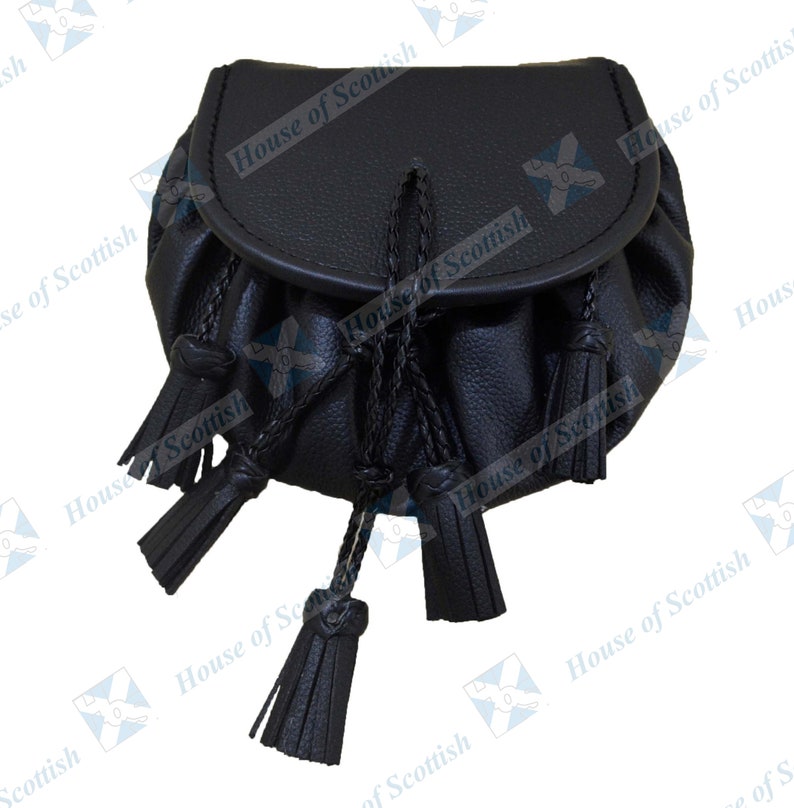 Skotskt svart läder för män ROB ROY SPORRAN | Jacobite Kilt Sporran med fem spets tofsar och kedjebälte | Pirates Pouch | Gotisk Sporran bild 2