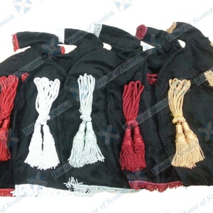 Scottish Great Highland BAGPIPE BAG COVER of Black Velvet with Colour Fringe and Matching Silk Cord Size 30” x 12” | Bagpipe Air Bag Cover